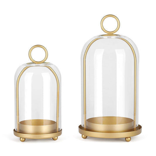 Versatile Metal Candle Holder Set with Handmade Glass Dome,Antique Brass Pillar Candle Stand, 5.2" & 4.1" Wide for Tabletop or Hanging, Industrial & Farmhouse Decor