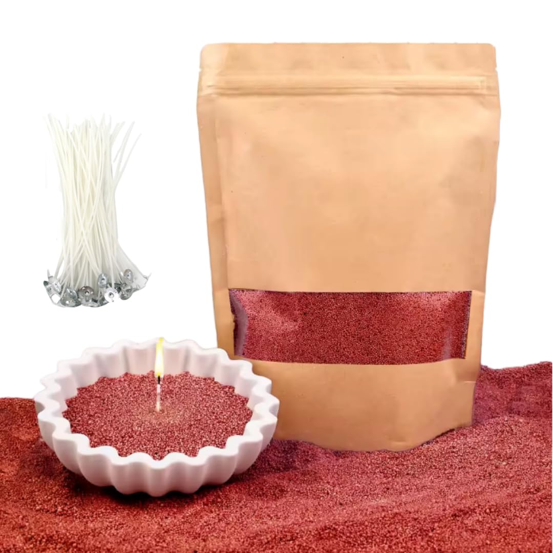 PHYMAT Red Candle Sand with 50pcs Wicks, 1.1LB Pearled Candle Powder Wax, Refillable Plant Sand Candles with Wicks Kit for DIY Handmade Candle Making, Party, Wedding, Home Decor