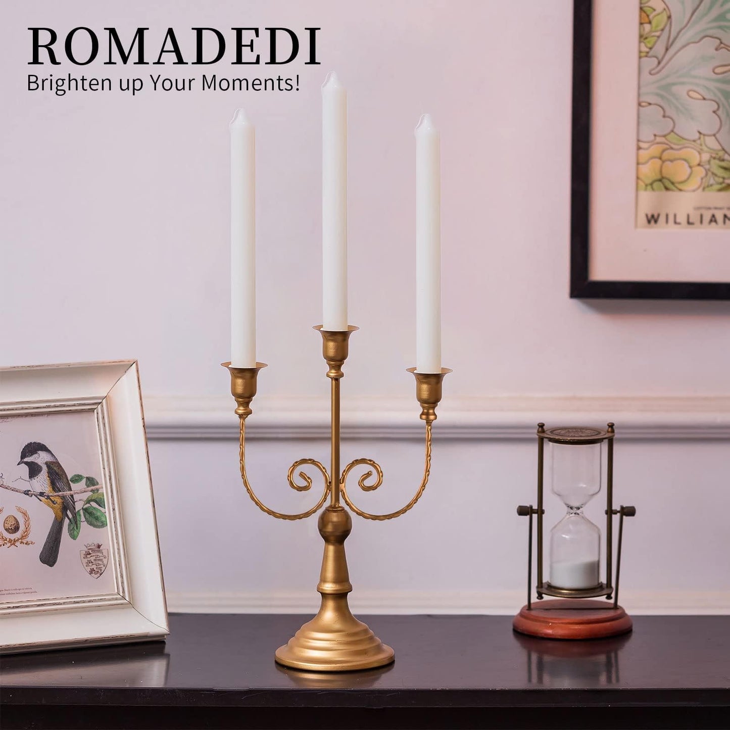 Romadedi Candelabra Gold Candle Holders - 3 Arm 11.8" Wedding Candlestick Holder for Theme Party Table Centerpiece Decor Dining Room Birthday Holiday Christmas, Set of 6