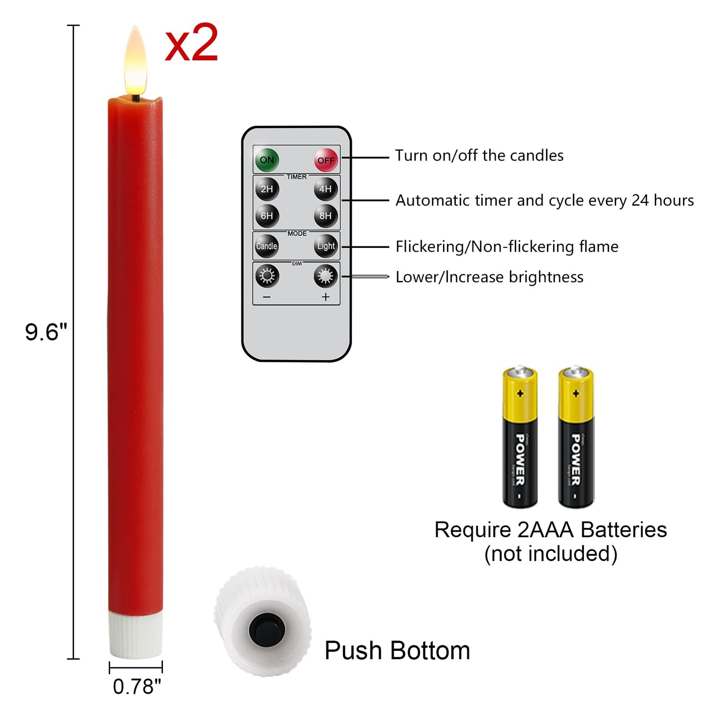 GenSwin Flameless Taper Candles with 10-Key Remote Timer, Set of 2 Red Real Wax LED Taper Candles Battery Operated, Flameless Candlesticks with 3D Wick for Halloween Christmas Decor(0.78” x 9.6”)