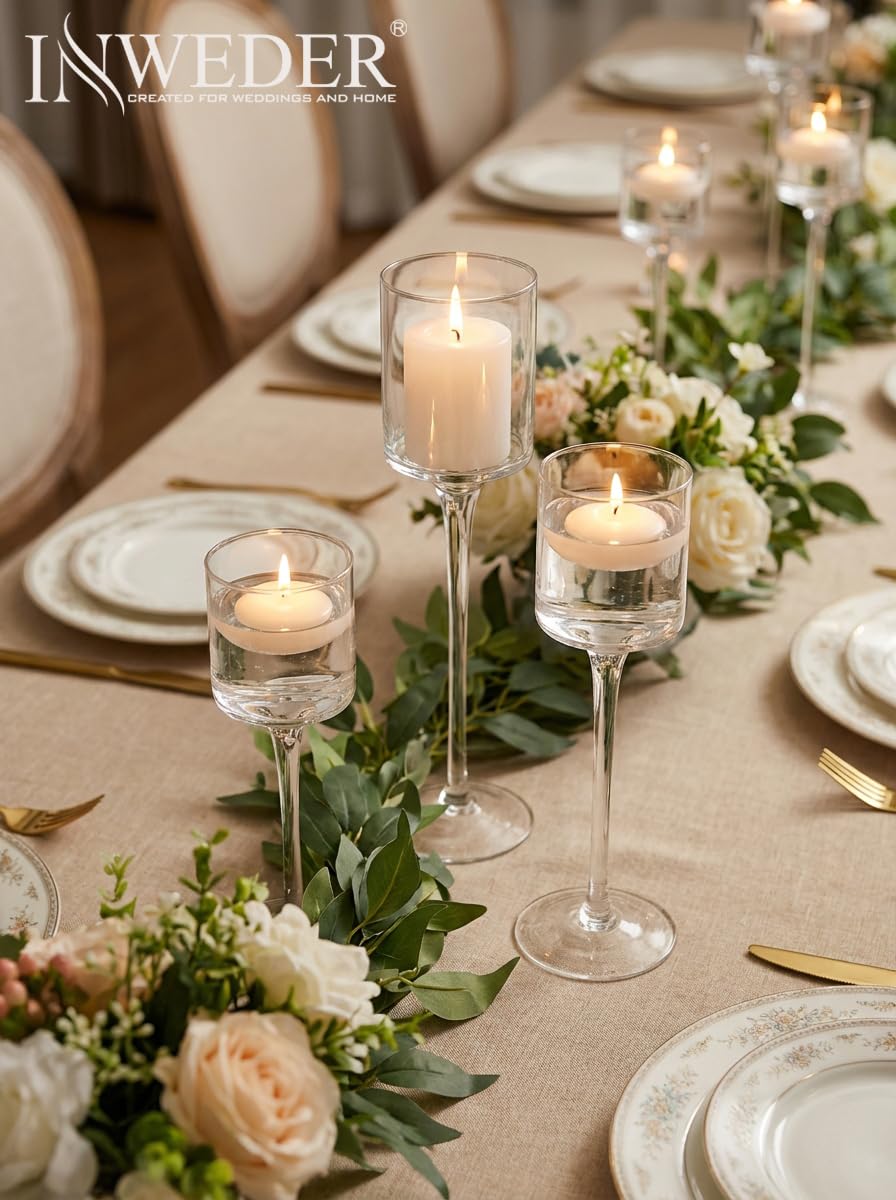 Glass Candle Holder for Table Centerpiece - Tall Tea Lights, Elegant Clear Long Stem for Pillar and Floating Candles - Wedding, Party, Home Decor Set of 30