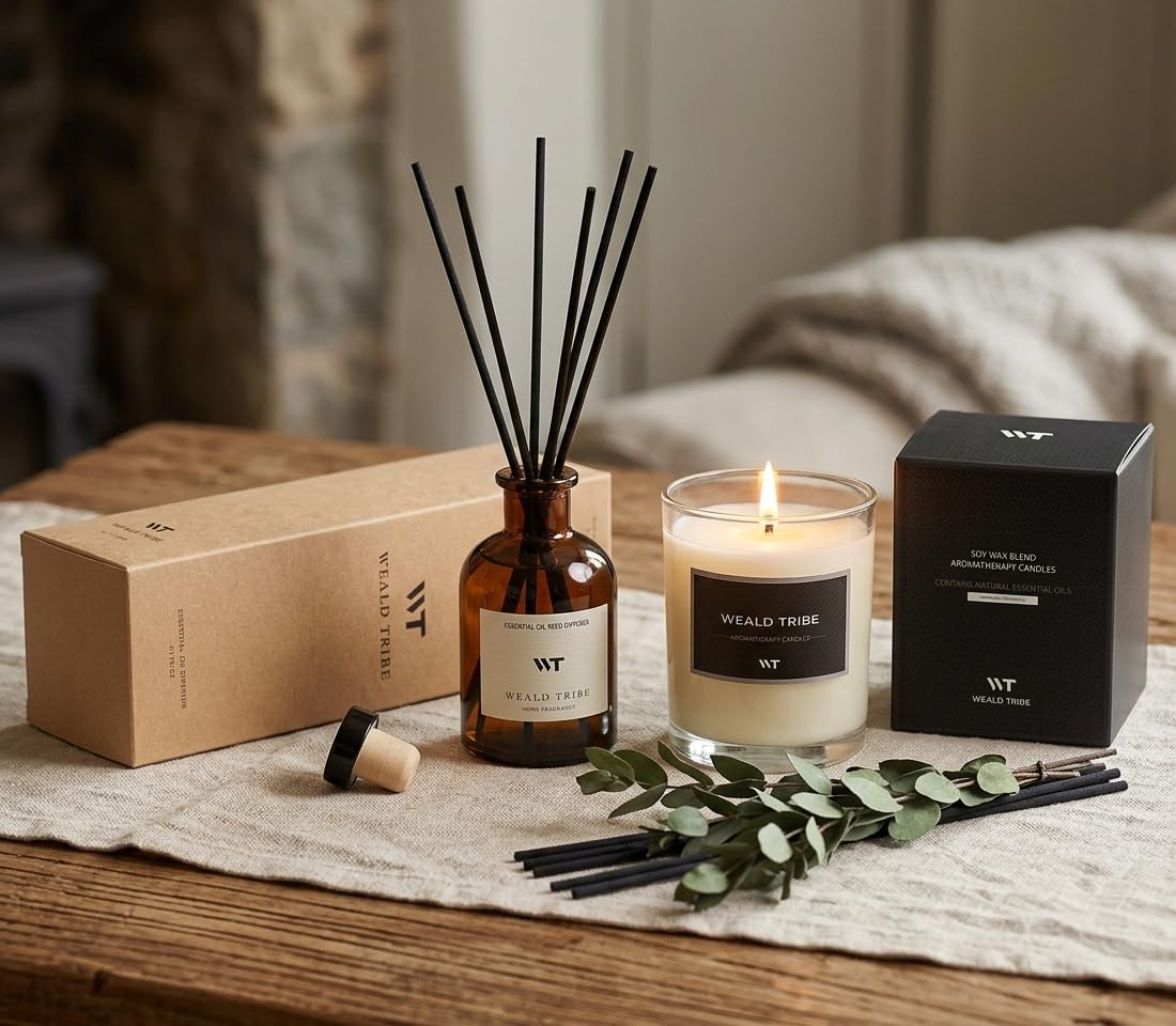 WEALD TRIBE Flower Reed Diffuser Set Eucalyptus & Lavender Scent For Bathroom Accessories Shelf Decor & Air Fresheners, Sticks Defusers With 4.0 fl oz Essential Oils, House Bedroom Office Decor & Gift