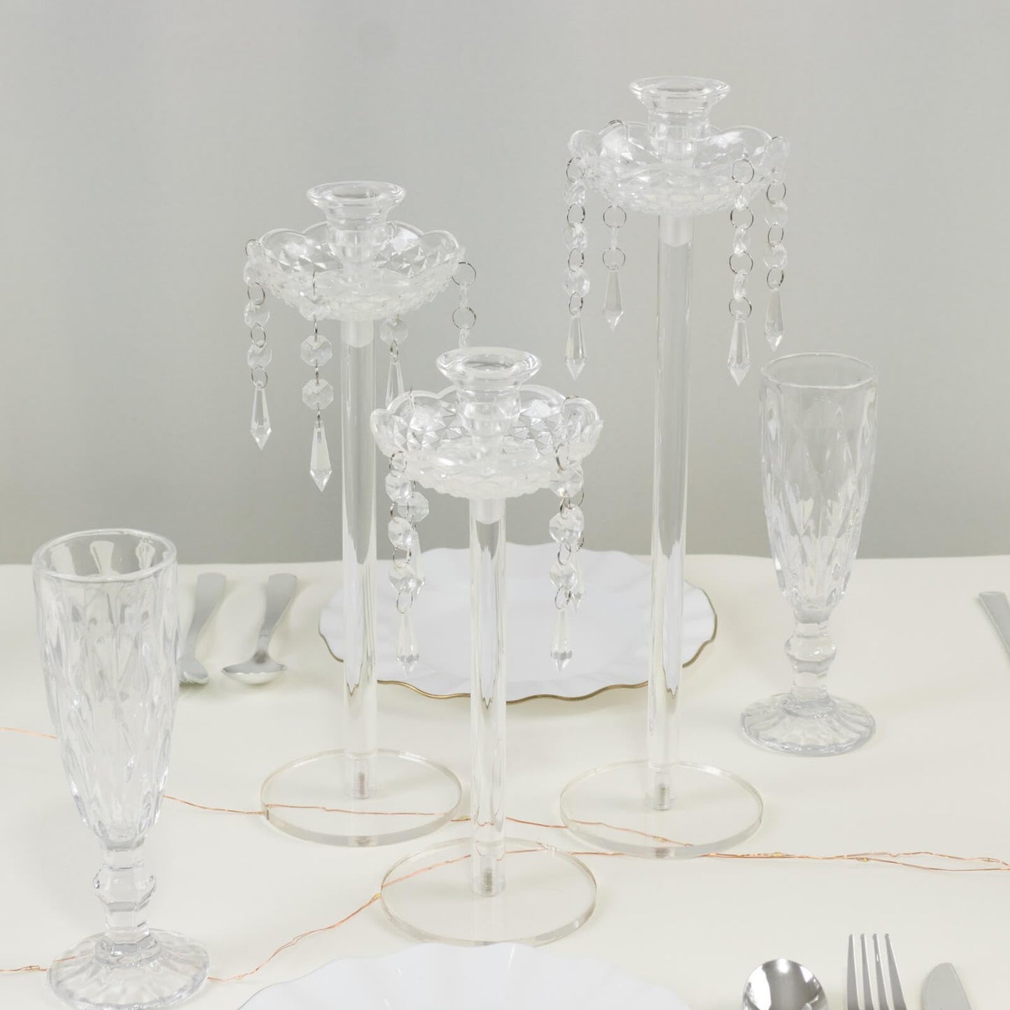 Efavormart Set of 3 Acrylic Candle Holders with Hanging Bead & Prism Accents – Taper Candlestick Stands - 11",13",15"