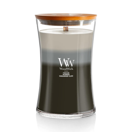 WoodWick Warm Woods Trilogy Holiday Candle Gifts for Women and Men, 21.5 oz Large Hourglass Trilogy Candle with Crackling Wick