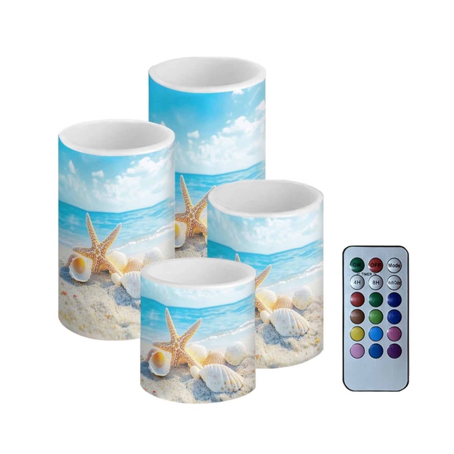 NETILGEN 4 Pcs Flameless Candles with Remote Timer Battery Operated LED Pillar Flickering Candles Beachside Seashell Starfish Print