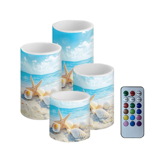 NETILGEN 4 Pcs Flameless Candles with Remote Timer Battery Operated LED Pillar Flickering Candles Beachside Seashell Starfish Print