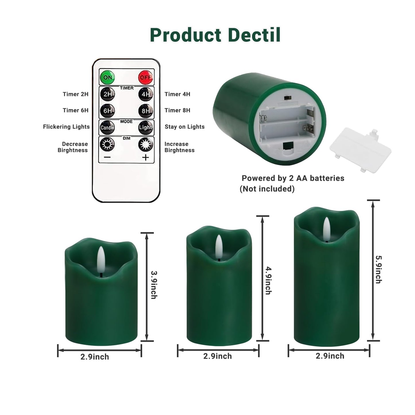 Flickering Flameless Candles, Set of 3 Green LED Candle Light with Remote & Timer, Battery Operated Electric Pillar Candle by Real Wax Dimmable Fake Candles for Home Falll Halloween Decor (Green)