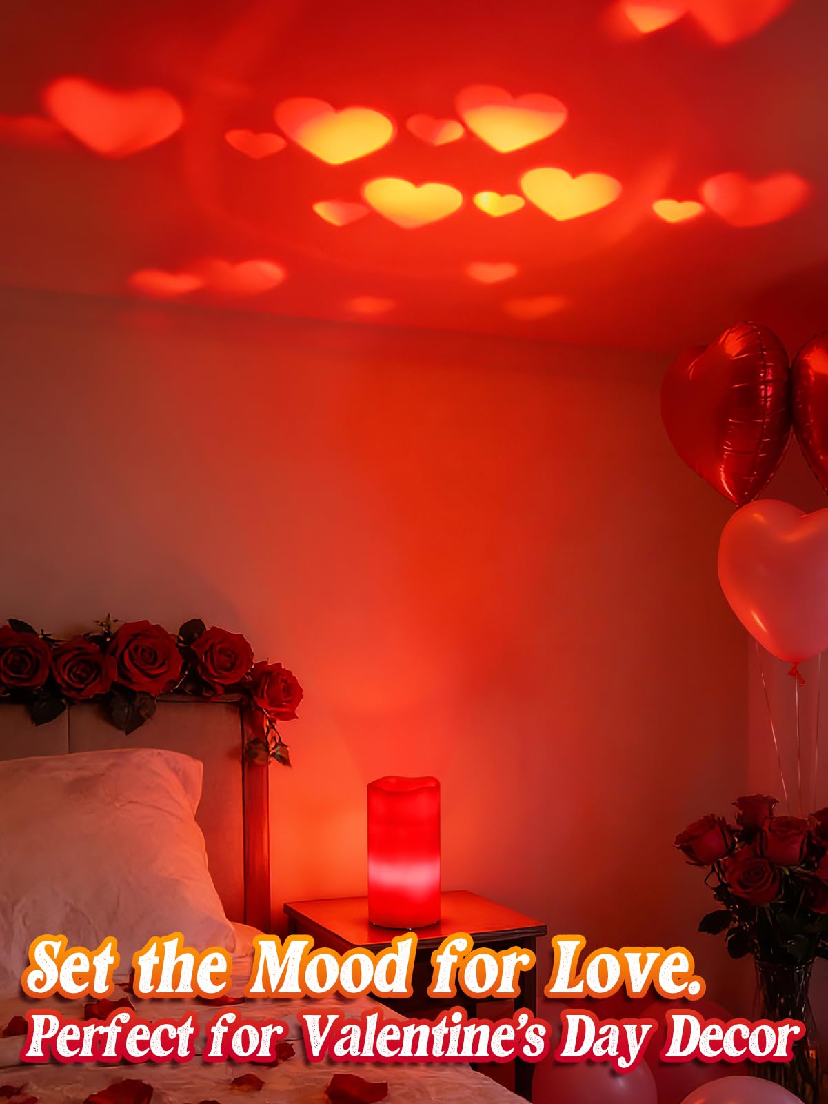 Beeplove Valentines Decorations Flameless Candle with Heart Projection - Red LED Candle, Romantic Decorations for Date Night Valentine's Day Party Home, Battery Operated