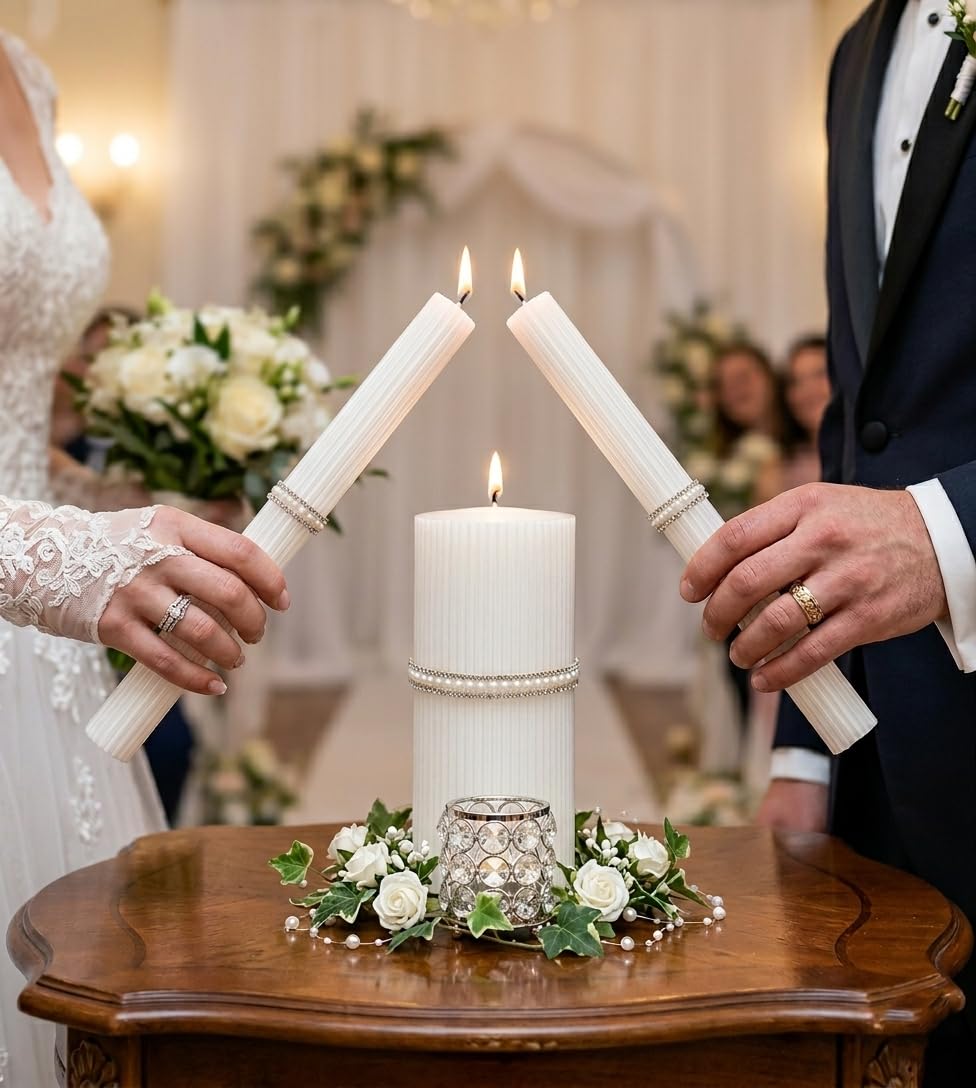 Magik Life Unity Candle Set - Wedding Ceremony & Reception – 6” Pillar & Two 10” Taper Candles – Long Burning Unity Candles for Marriage Ritual & Home Decor– Handmade in USA – King|White