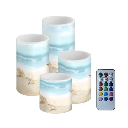Merkmak Flameless Candles 4Pcs Battery Operated LED Candles with Color Changing Timer Remote Control Plastic Pillar Lights for Outdoor Beach Wedding Coastal Home Decor, Beach Shell