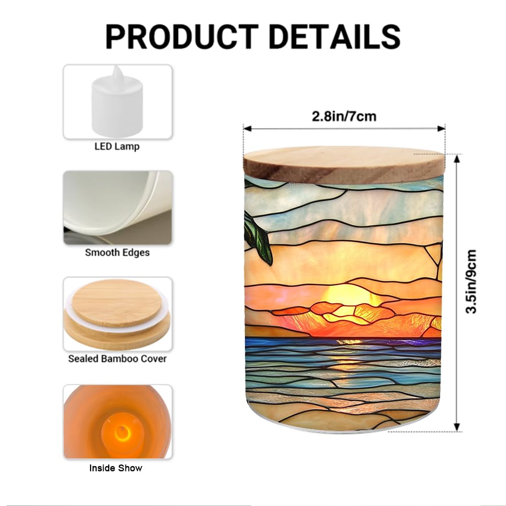 Stained Glass Seascape Tea Light Candle Jar for Home Decoration, Flowers Tealight Candle Holders with Bamboo Lid, Palm Trees Candle Candlestick for Thanksgiving Christmas Birthday