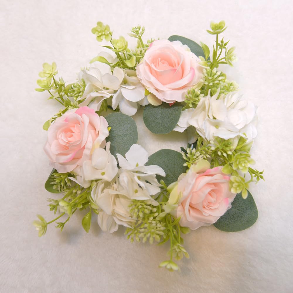 4 Pcs Candle Rings Wreaths,Artificial Hydrangea Wreath Candles Wreaths for Pillars Christmas Wedding Home Table Party Decoration (Pink)