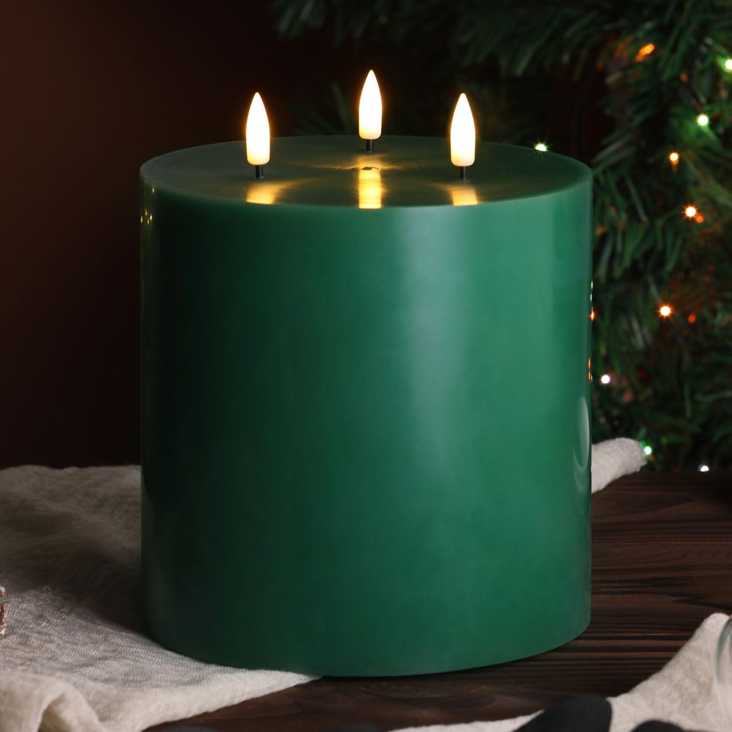 Eywamage Green 3 Wick Flameless Pillar Candle Φ 6" H 6", Giant Real Wax Flickering LED Candle with Remote