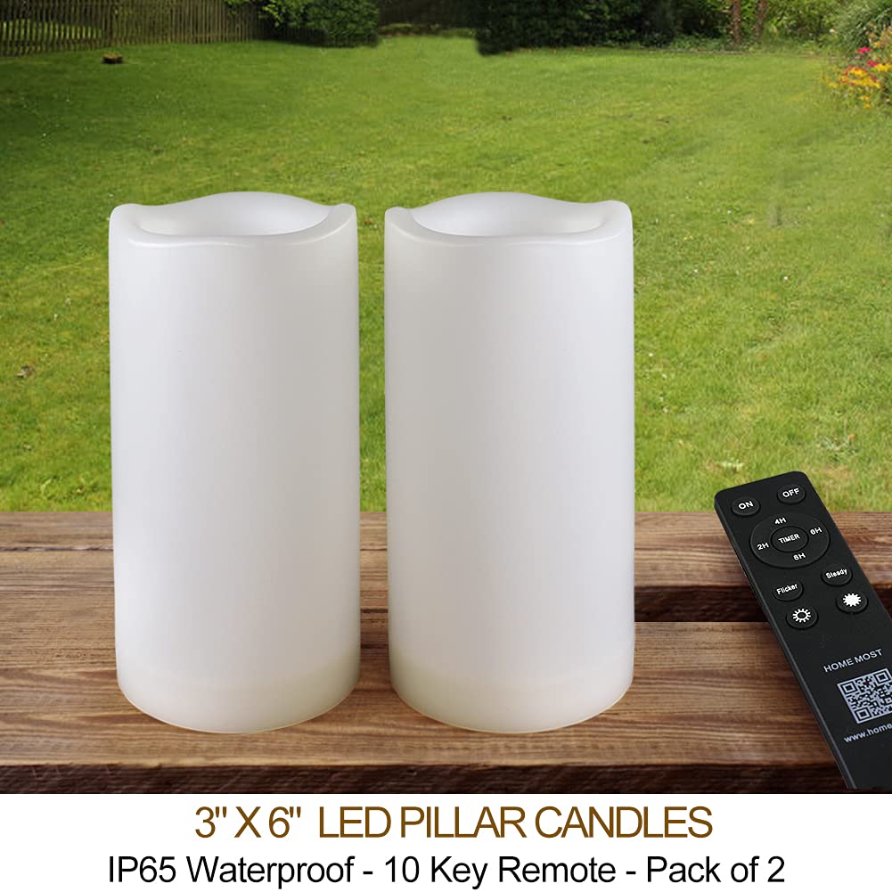 HOME MOST Pack of 2 White 3x6 LED Pillar Candles Outdoor IP65 Waterproof - Pillar Candles Battery Powered with Timer and Remote - Battery Operated Unscented Outdoor Flameless Candles Flickering