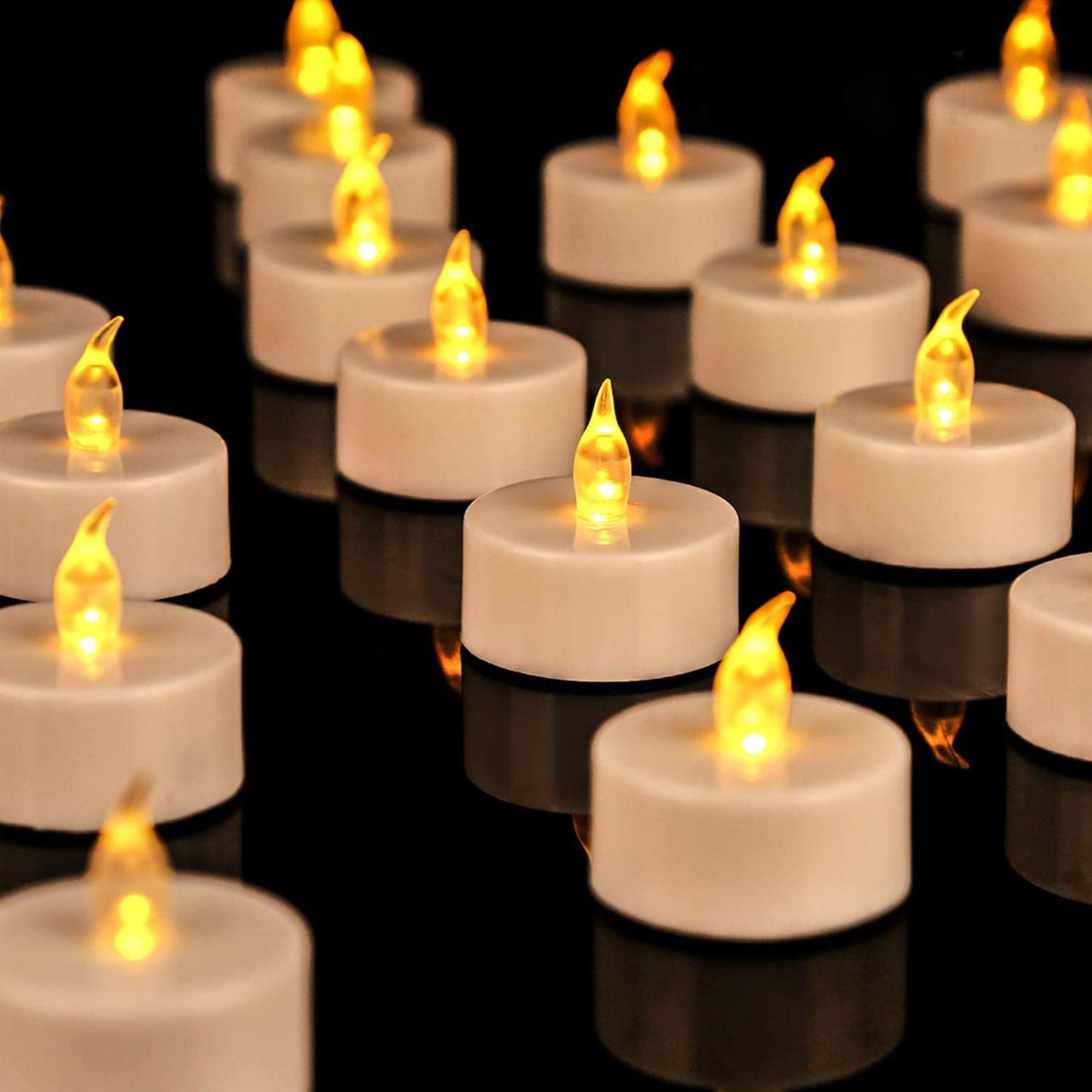 JUNPEI 50Pack Battery Tea Lights Candles- LED Tea Lights Realistic Bright Flickering Holiday Gift Operated Flameless LED Tea Light for Seasonal & Festival Celebration Warm Yellow Lamp Battery Powered