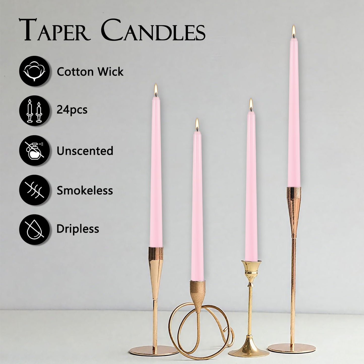 10 Inch Pink Taper Candles Set of 24,Unscented,Smokeless and Dripless Candlestickst for Valentine's Day,Household, Wedding, Party and Home Décor Candlesticks,Shabbat,8 Hours Burn Time