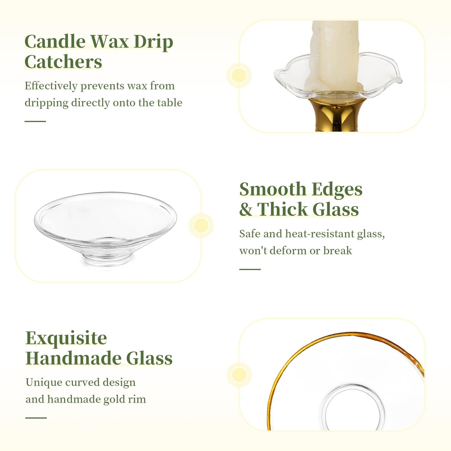 Glasseam Candle Drip Protectors for Candle Stick Candle Holder, Gold Rim Glass Bobeches for Candlesticks Set of 12, Round Wax Catchers for Candles, Taper Candle Holders for Table Centerpiece Wedding
