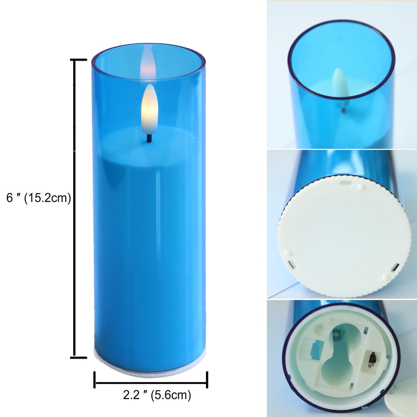 CANDLE CHOICE Indoor Outdoor Flameless Candles with Timer Waterproof Realistic Flickering Battery Operated Pillar LED Lights with Acrylic Shell Wedding Party Christmas Decorations 6 Pack 2”x6” Blue