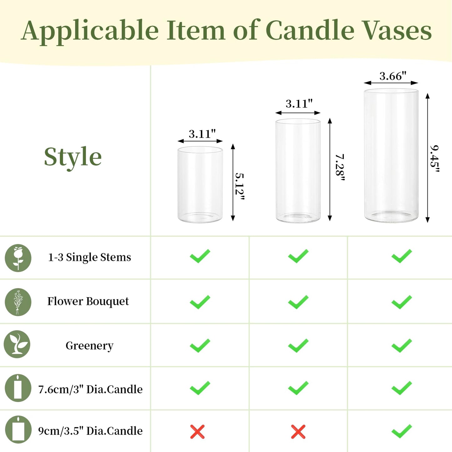 Glasseam Hurricane Glass Candle Holders: 3 Pcs Clear Cylinder Vases for Centerpieces Large Pillar Candle Holder for Floating Candles Modern Home Decor Wedding Table 5.3'' 7.3'' 9.5'' Height