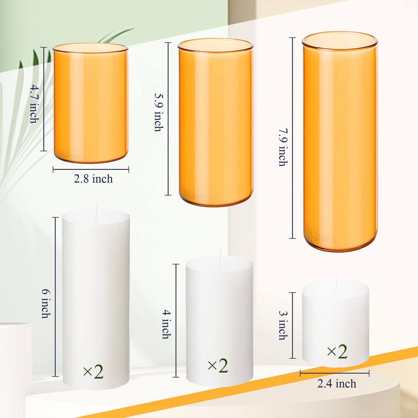 Shihanee Set of 6 Pillar Candles and Glass Cylinder Vases Clear Cylinder CandleHolders for Slim Tall Pillar Candles Wedding Centerpieces(2.8'' X 4.7", 5.9", 7.9",Orange)