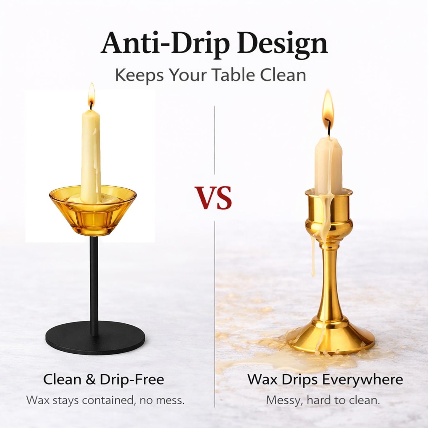 Smytle Amber‑Gold Glass Candlestick Holders with Weighted Black Metal Base, Set of 3 Amber Candle Holders for Both Taper and Tea Light Candles, Boho & Autumn Table Decor, Wedding Centerpiece