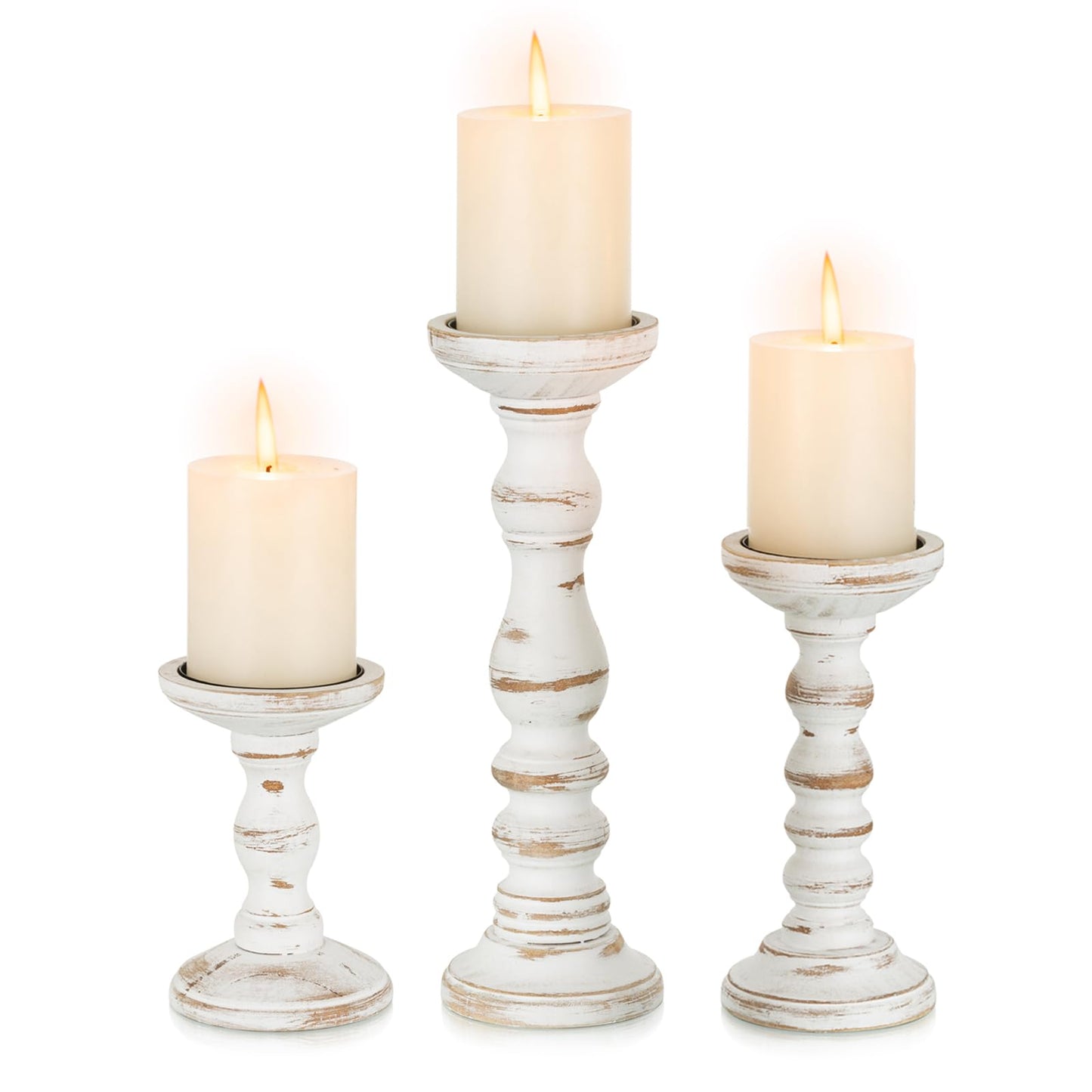 Romadedi Wood Candle Holders for Pillar Candles - Set of 3 Tall Farmhouse Wooden Candlestick Holder, Rustic Candle Stand for Fireplace Mantle Shelf Table Home Decor, Brown Whitewashed 6"/ 8.3"/11.8"