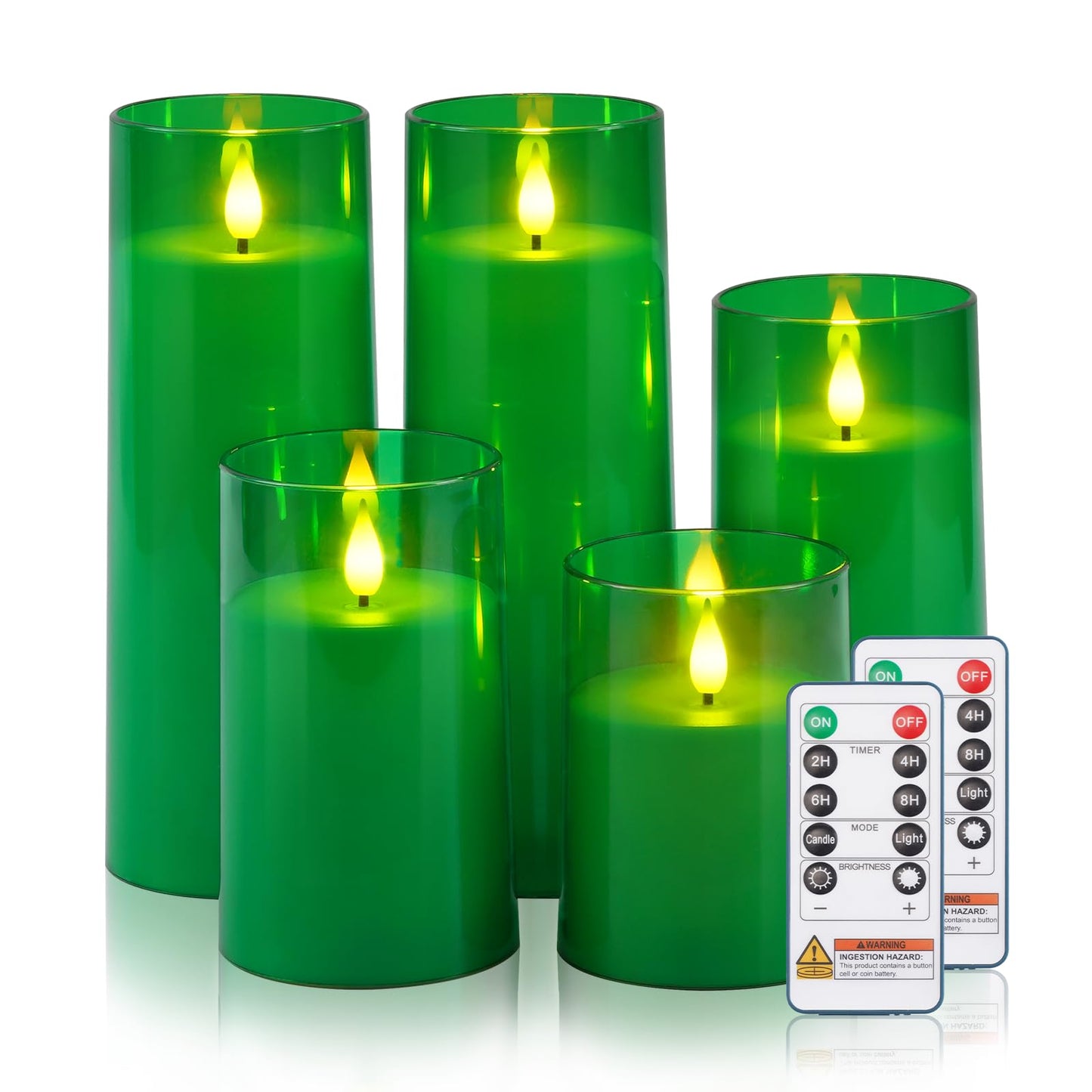 Raycare St. Patrick's Day Flameless Candles Battery Operated with Remote Timer, Acrylic Flickering LED Pillar Candle for Christmas Decoration, Home Decor, Gift for Family and Friend, Green, Set of 5