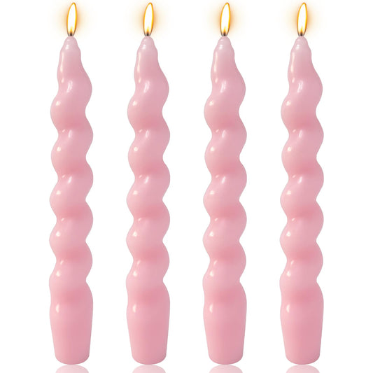 4 Pack 7 Inch Baby-Pink Spiral Taper Candles, Unscented Dripless Fat Twisted Candlesticks for Home Décor Party Wedding and Celebrations