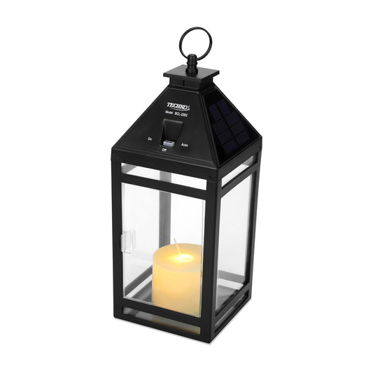 Techko Outdoor Solar Flickering Candle Lantern Vintage Classic Light Design with Handle, Realistic Safe Flameless, Waterproof IP65,Black