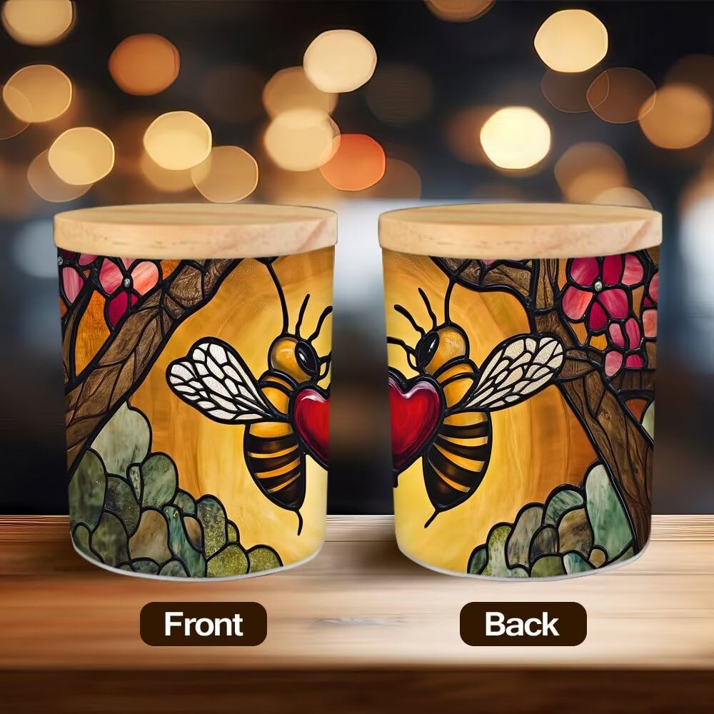 Stained Glass Farmhouse Bees Tea Light Candle Holders, Hearts Tealight Candle Holder Jar with Wooden Lid, Floral Votive Candlesticks for Table Centerpieces, Christmas,Birthday Party