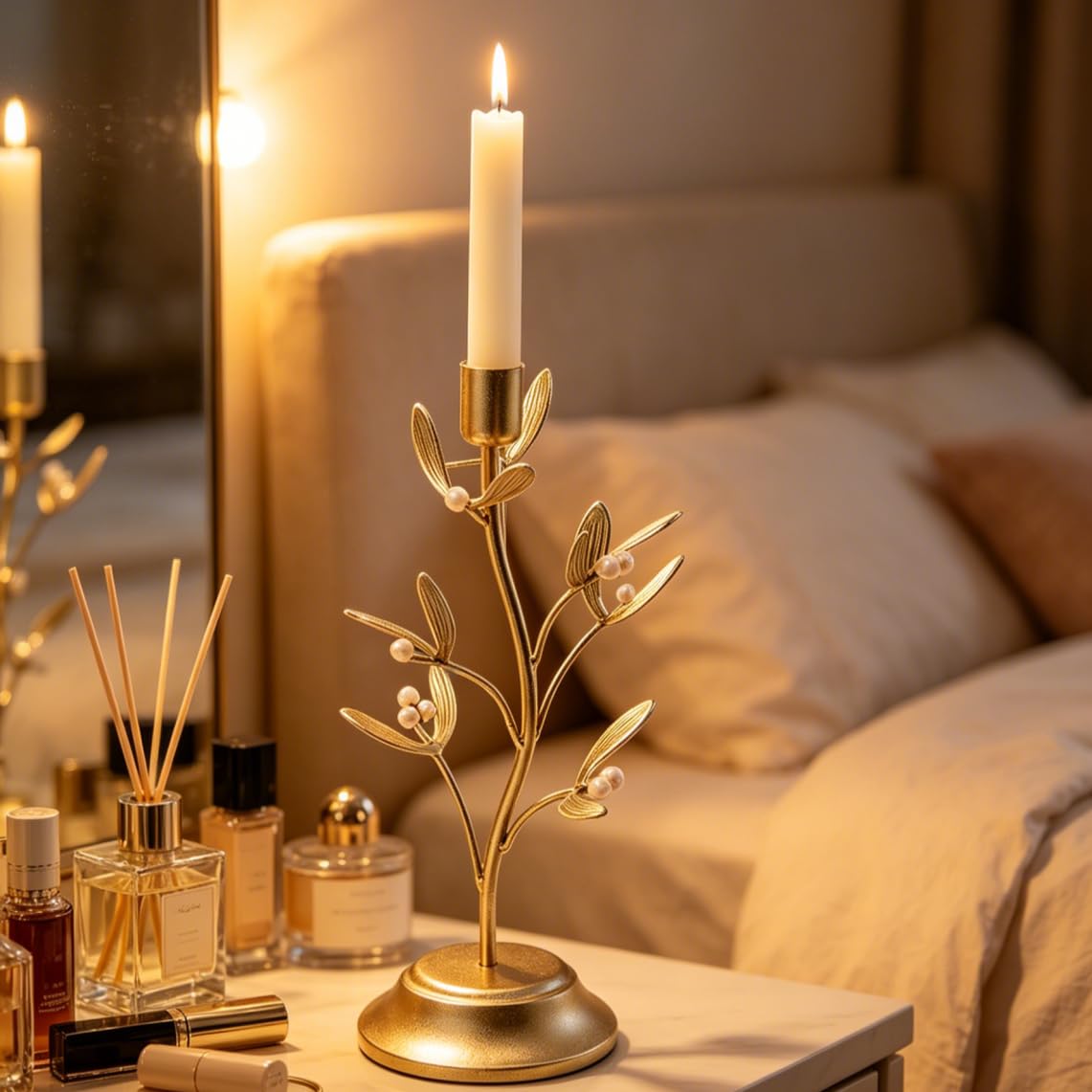 Candle Stick Holder Table Decor - Elegant Golden Metal Mistletoe Candle Holder Decorative for Coffee Gold for Living Room Symbol of Love and Life Flower Gifts 4.6 x 4.6 x 10 Inch Guichifun