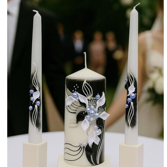 Magik Life Unity Candle Set - Wedding Ceremony & Reception – 6” Pillar & Two 10” Taper Candles – Long Burning Unity Candles for Marriage Ritual – Handmade in USA – Black | White