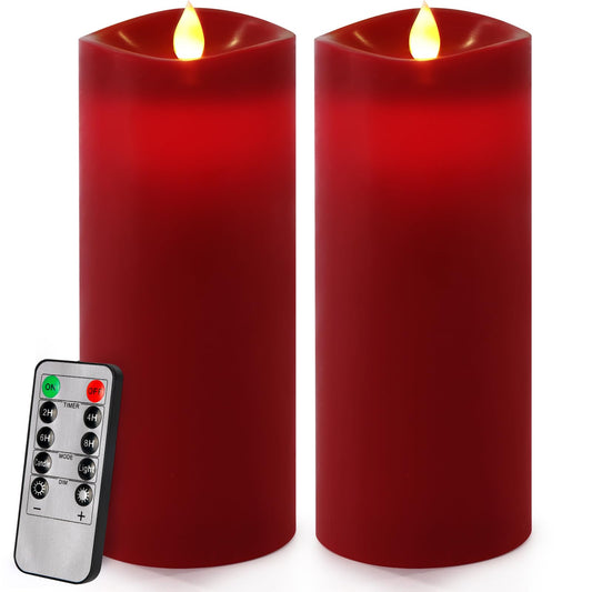 Enpornk 7” x 3” Flameless Candles, Flickering Moving Flame LED Candles, Battery Operated Candles with Remote and Timers, Burgundy, Set of 2