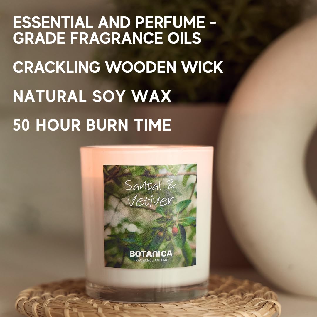 AME BOTANICA Santal & Vetiver Candle | Wood Wick Candles That Crackle | Valentine's Day, Mother's Day, Father's Day Gift | Luxury Scented Candle