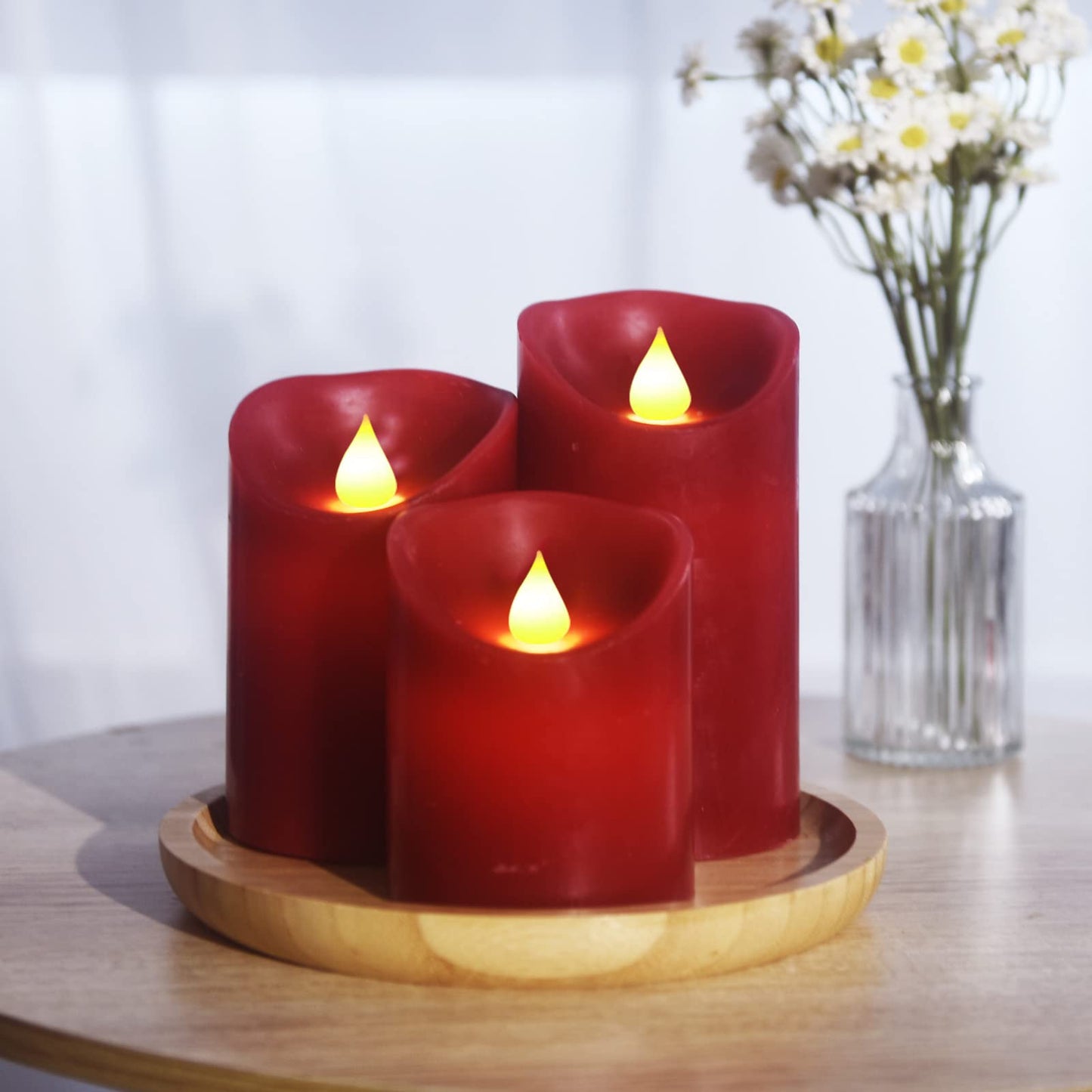 YIWER Flameless Candles Set of 3, Φ3.15 xH 4"/5"/6" Real Wax Not Plastic Pillars Include Realistic Dancing LED Flames and 10-Key Remote Control with 2/4/6/8-hours Timer Function,300+ Hours (3×1, Red)