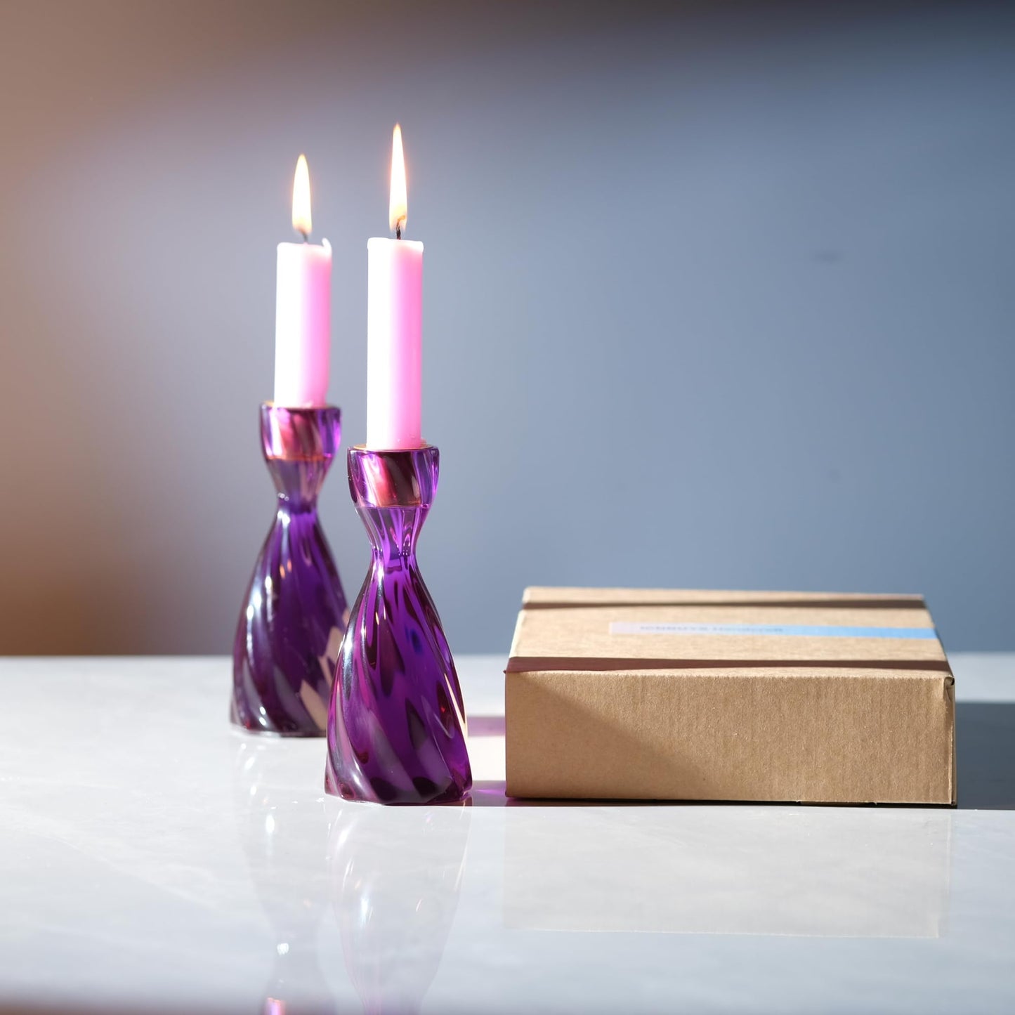 ICNBUYS Twizzle Twist Candle Holder, Decorative Candle Holder for Table Display, Romantic Decoration, Unique Home DÉCOR Aesthetic, Housewarming Gift, Purple Height 5.7 inches Set of 2 - Resin