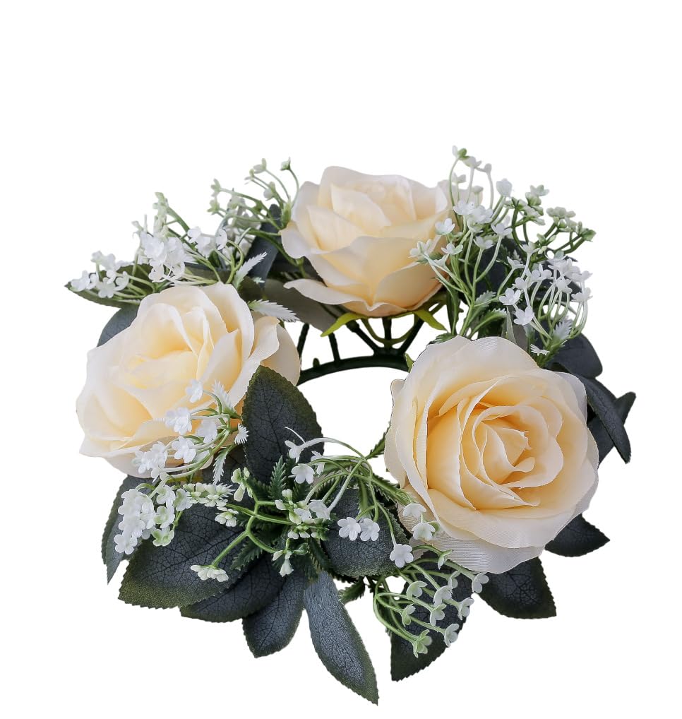 2 Pack Artificial Rose Candle Rings, Christmas Floral Wreaths with Eucalyptus Leaves Mini Wreaths Candle Rings for Pillar Candle Lantern Wedding Centerpiece Party Home Fall Table Decor (Champagne)