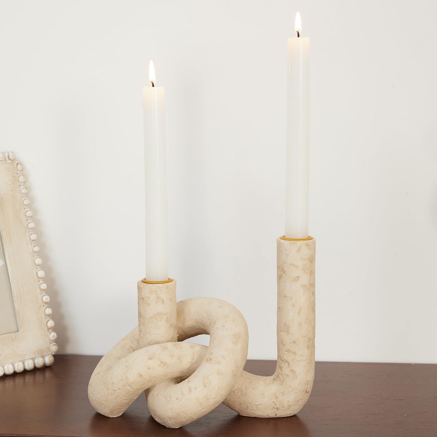 DN DECONATION Knot Shaped Taper Candle Holders - Travertine Resin Candlestick Holders, Candle Sticks Holder Boho Farmhouse Decor Coffee Table Centerpiece for Living Room Fireplace Wedding