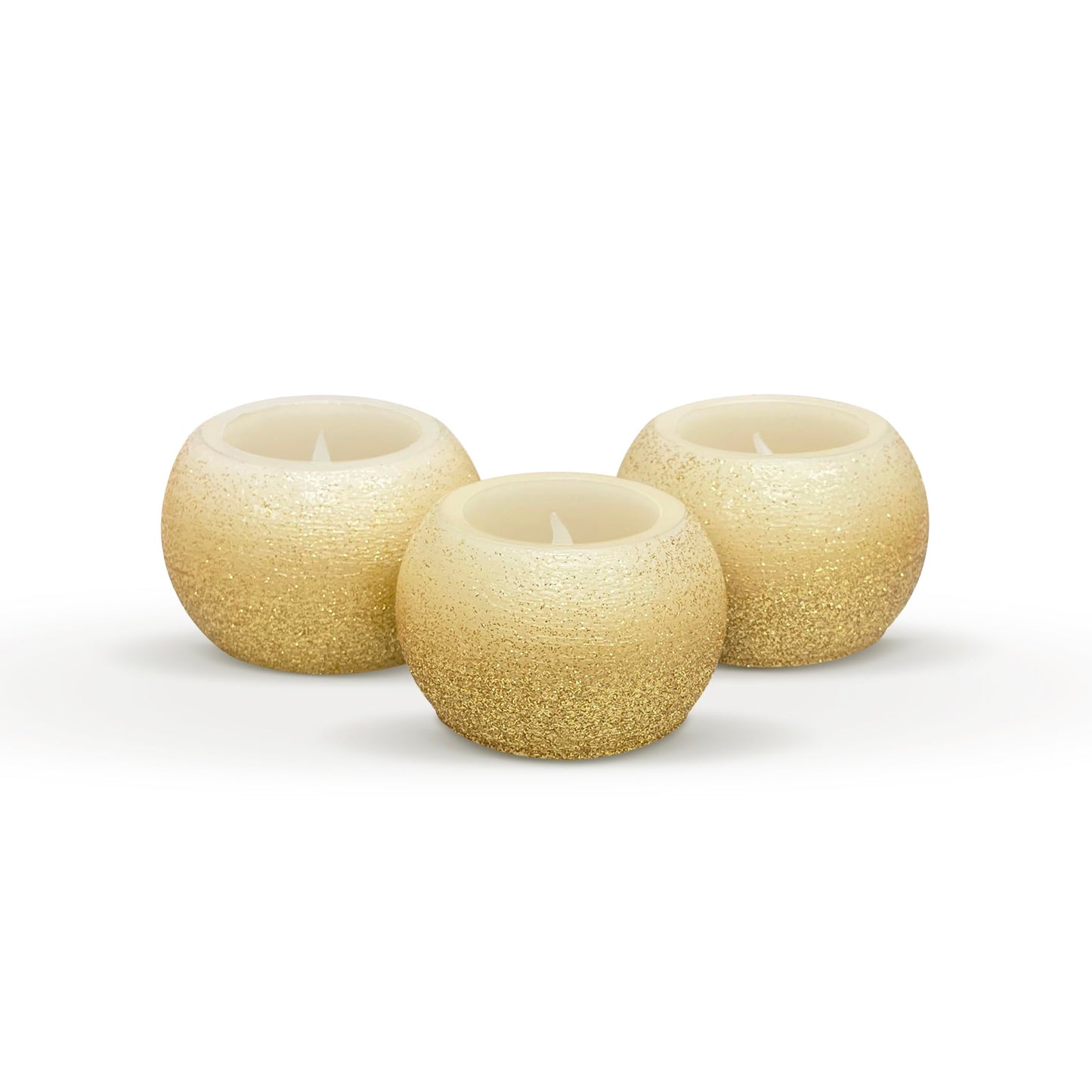 FURORA LIGHTING Gold Glitter Flameless Candles - Small 2.4" W x 1.6" H Real Wax, LED Flicker, 3-Pack, Battery Included, Home Decor & Centerpiece