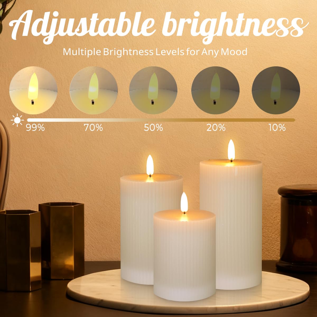 NICE POINT Rechargeable Flameless LED Pillar Candles–Luminous Real Wax Indoor Home Decor–Set of 3, Realistic Flickering LED Flame,Remote & Timer(Light Khaki)