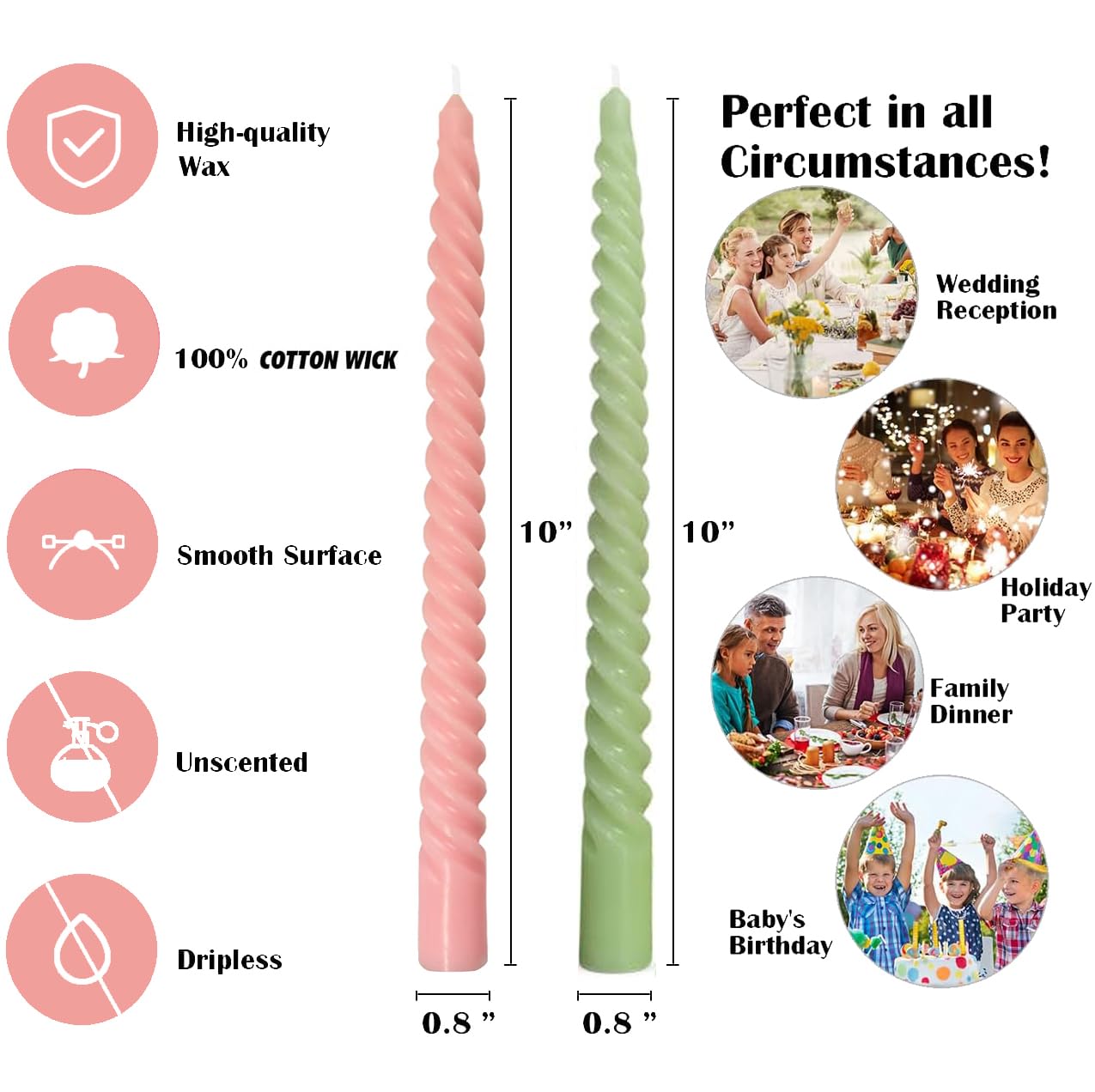 10 Pack Pink and 10 Pack Sage Green Spiral Taper Candles for Home Decor, 10 Inch Unscented Dripless Twisted Candlesticks for Weddings Dinner Holiday Decoration Formal Events