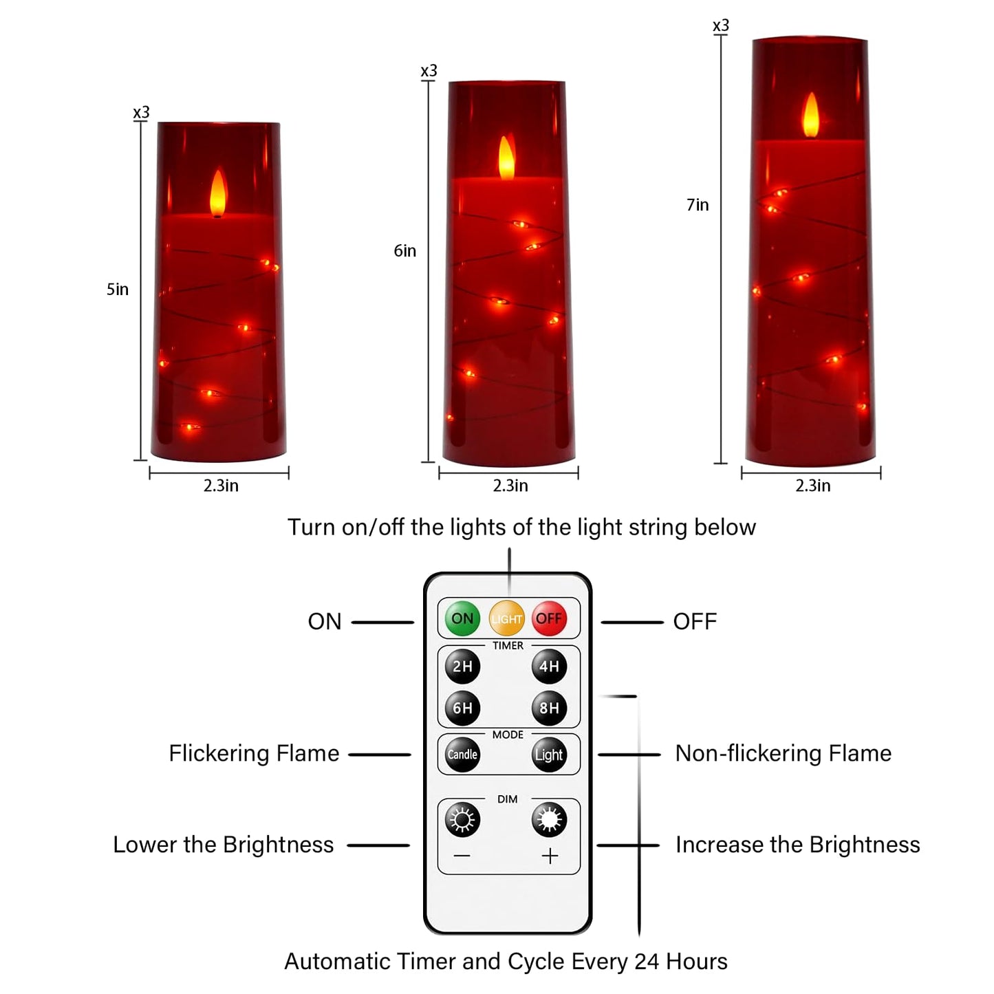 kakoya Flameless LED Candles with Timer 9 Pc Flickering Flameless Candles for Romantic Ambiance and Home Decoration Stable Acrylic Shell,with Embedded Star String，Battery Operated Candles（Red）
