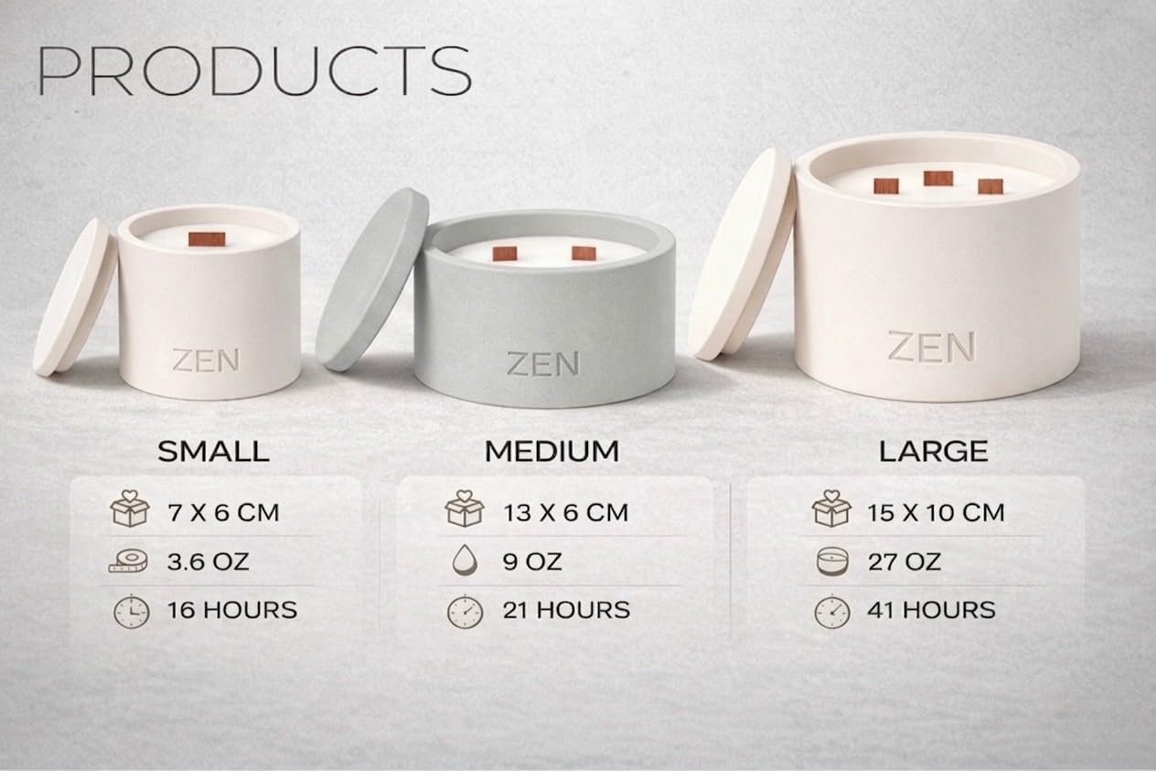Zen Concrete Candle with Lid – Saffron Amber Jasmine – 100% Beeswax, Minimalist Jar, Wooden Wick, Reusable Container Plant Pot Storage – Luxury-Inspired (Gray, Medium, BAKARAT)