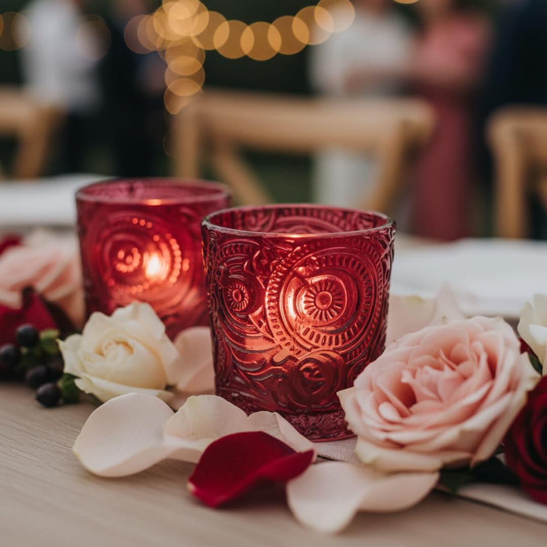6 Pack Patented Sun Moon Star Embossed Glass Tea Light Candle Holders - Unique Votive Candle Holders for Wedding, Party, and Table Centerpieces (Wildberry Red)