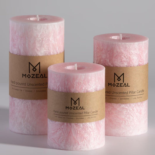 MOZEAL Hand-Poured, Unscented Pink Crystal Pillar Decorative Candles, Elegant Set of 3 in Different Sizes (3"x4", 3"x5", 3"x6"), Luxurious Décor for Spring Homes & Events