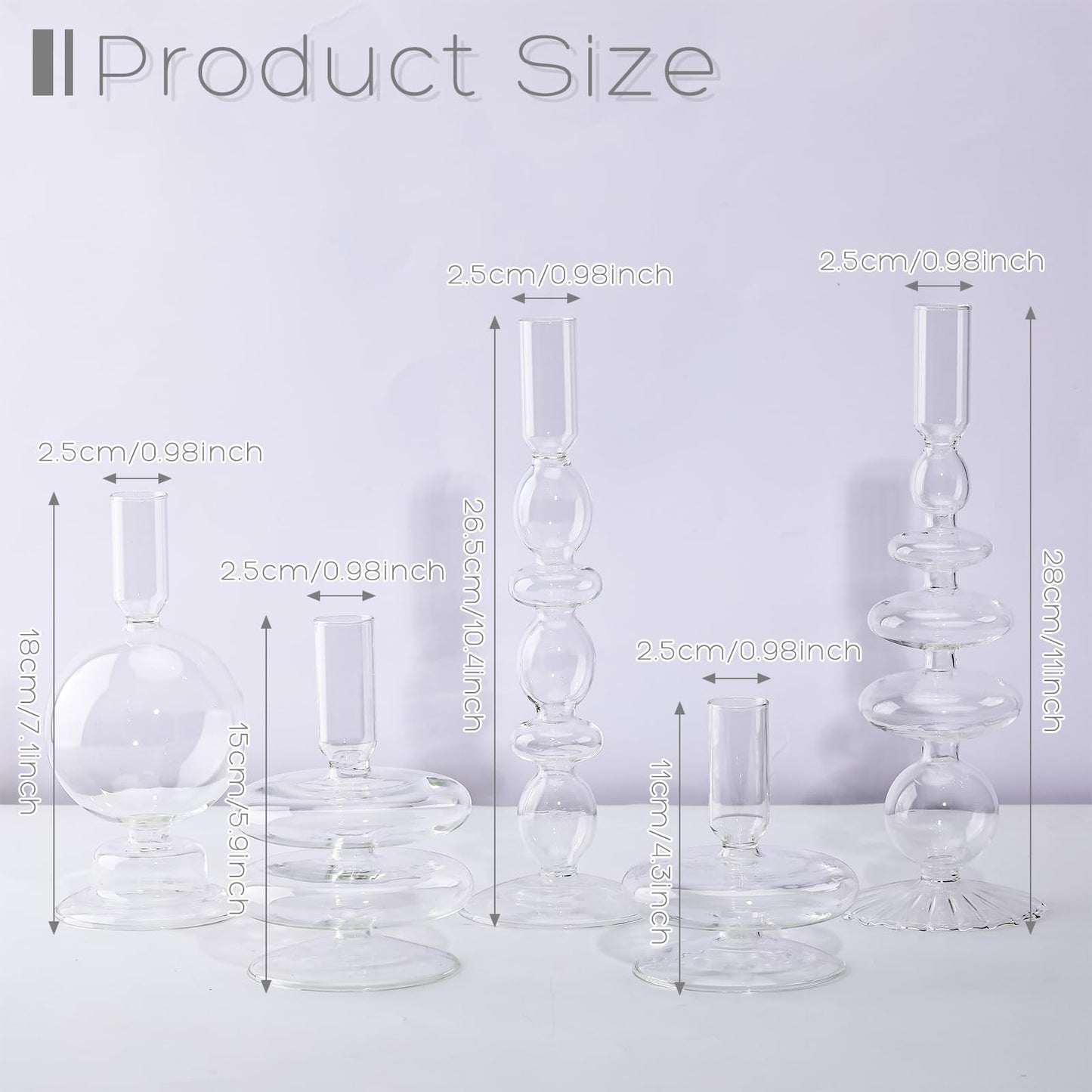Rtteri 5 Pcs Glass Candlestick Holders Colorful Glass Taper Candle Stand Groovy Candlestick Wavy Boho Chic Clear Bases Holders Elegant Vase for Home Party Centerpiece(Clear)