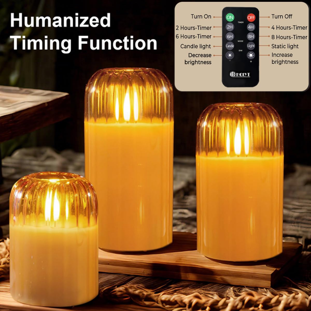 LEDHOLYT Rechargeable Jar Flameless Candle, Flashing LED Pillar Christmas Candle with Remote Control and Timer, Gold Pumpkin Glass Electronic Candles for Room Decoration, 1 Set of 3