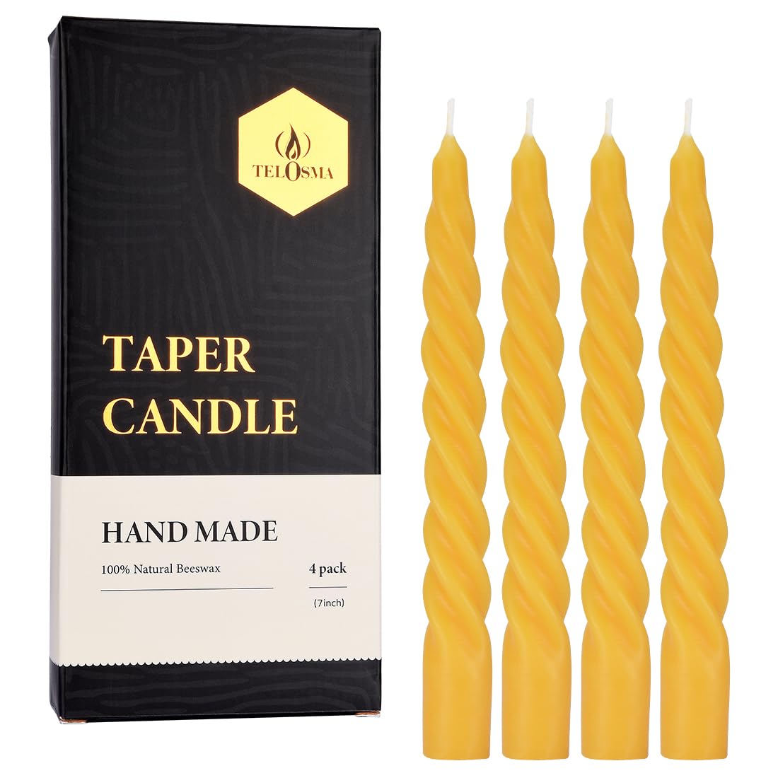 TELOSMA Beeswax Taper Candles Set of 4,Spiral Taper Candle Dripless Long Candle Sticks for Dinner Wedding Party Christmas Home Decorations - 7 Inch Tall - Yellow