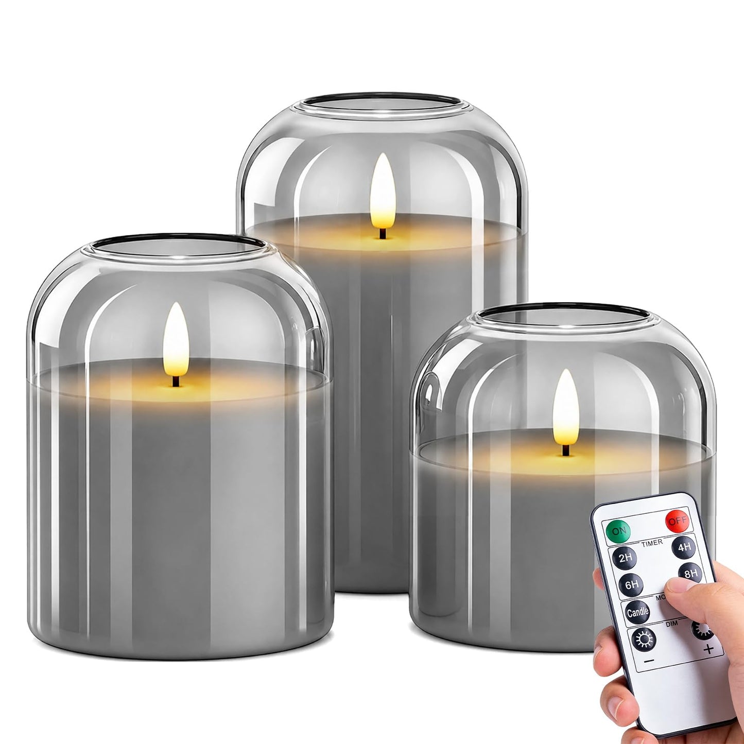 ARIKJ Grey Glass Flameless Candles with Remote and Timer, Realistic Flickering 3D Wick Battery Operated LED Pillar Candles, Modern Moody Gothic Aesthetic Decor for Fireplace Mantel Shelf Table