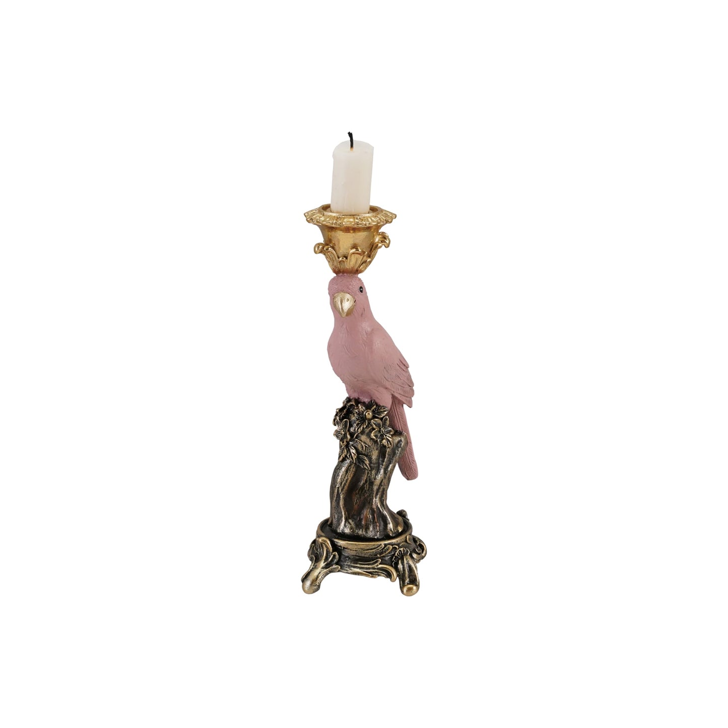 Creative Co-Op Resin Parrot-on-Branch Taper Candle Holder, Antique Gold and Pink Finish